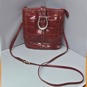 Brighton Croc-Embossed Wine Crossbody with Silver Ring